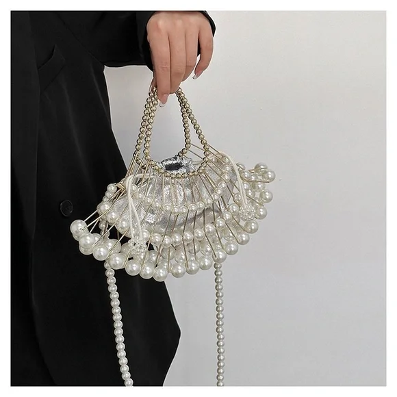 women's pearl chain oblique hollow handbag - Picture 3 of 16